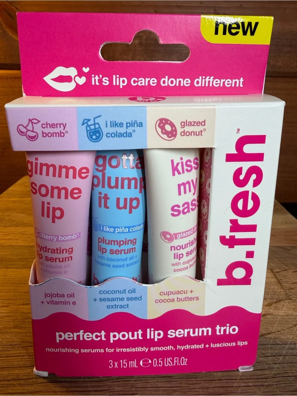 B Fresh Perfect Pout Lip Serum Trio + New  Pink Plush Bow Makeup Apply Headband